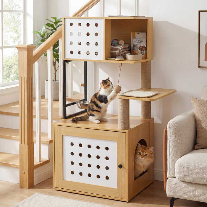 117.5 cm Modern Cat Tower Cabinet with Sisal Scratching Posts and Hanging Ball-