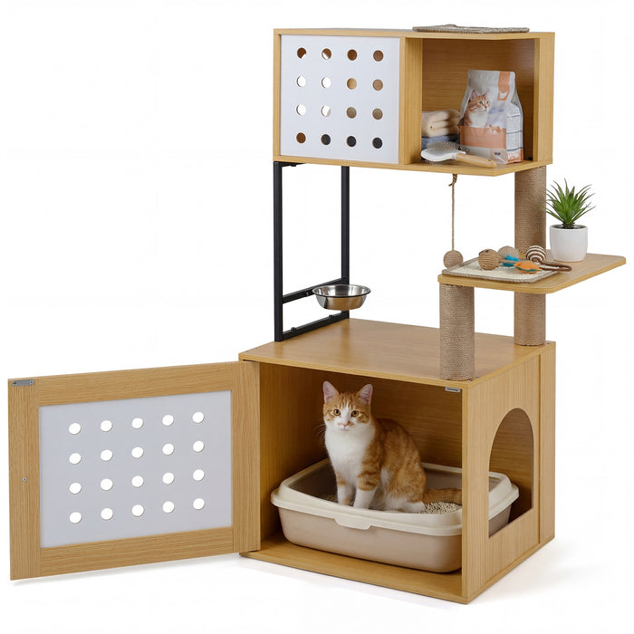 117.5 cm Modern Cat Tower Cabinet with Sisal Scratching Posts and Hanging Ball-