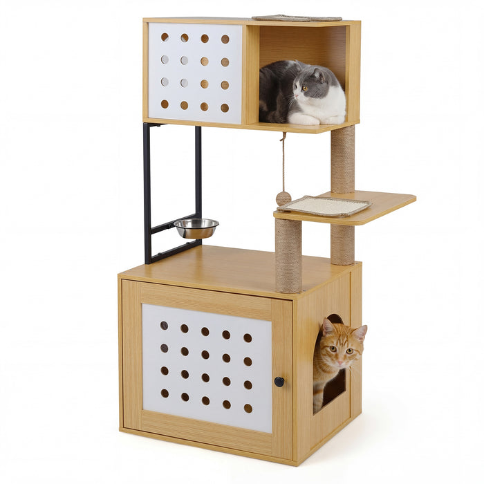117.5 cm Modern Cat Tower Cabinet with Sisal Scratching Posts and Hanging Ball-