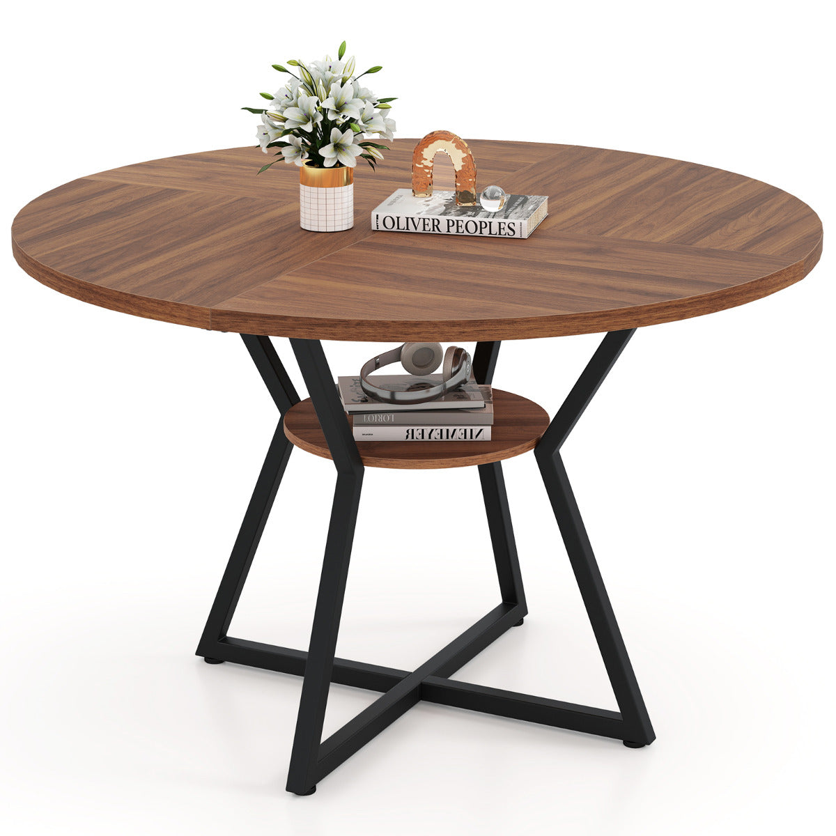 118 CM Round Dining Table with Storage Shelf and Wooden Tabletop-