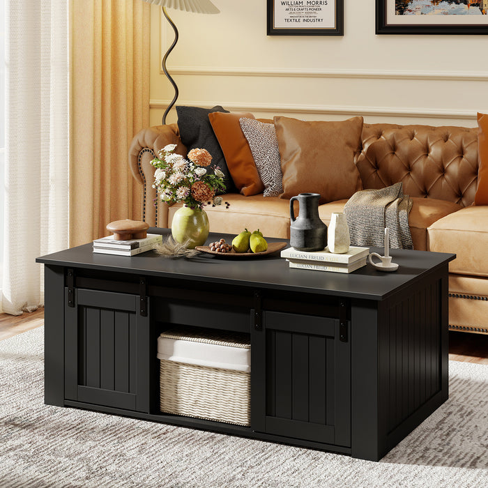 120 cm Lift Top Coffee Table with Barn Sliding Doors and Cabinets for Living Room-White