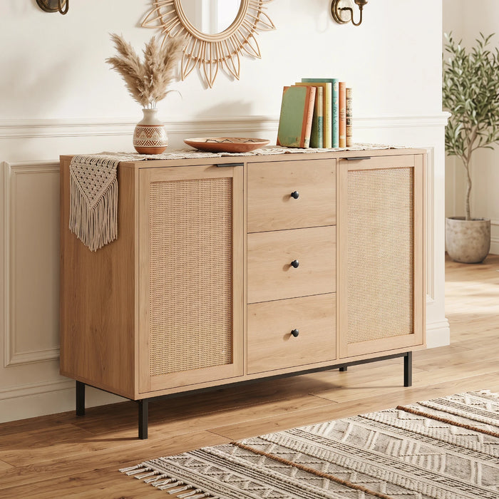 120 cm Sideboard Buffet Cabinet with Storage 2 Rattan Doors and 3 Drawers-Brown