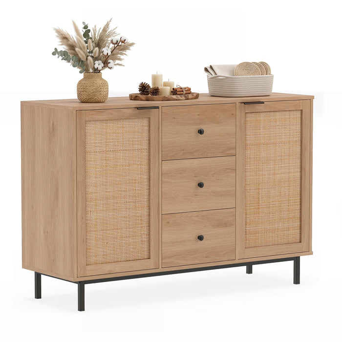 120 cm Sideboard Buffet Cabinet with Storage 2 Rattan Doors and 3 Drawers-Brown