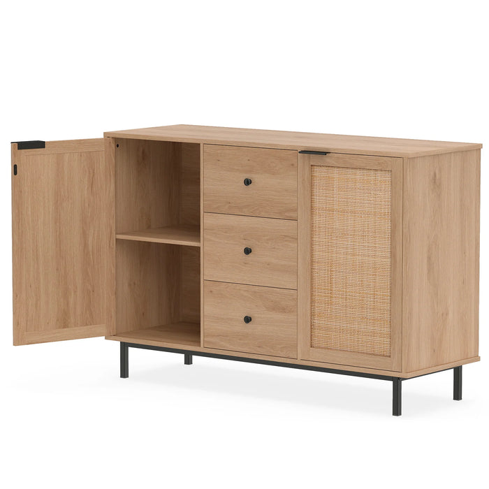 120 cm Sideboard Buffet Cabinet with Storage 2 Rattan Doors and 3 Drawers-Brown
