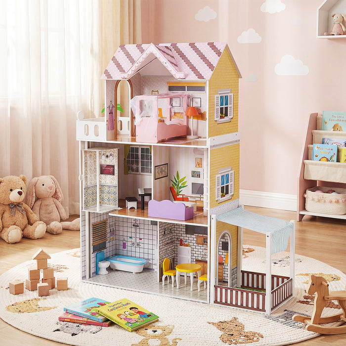 120CM Wooden Dollhouse with 16 Furniture Accessories for Kids Ages 3+-