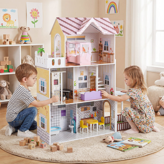 120CM Wooden Dollhouse with 16 Furniture Accessories for Kids Ages 3+-