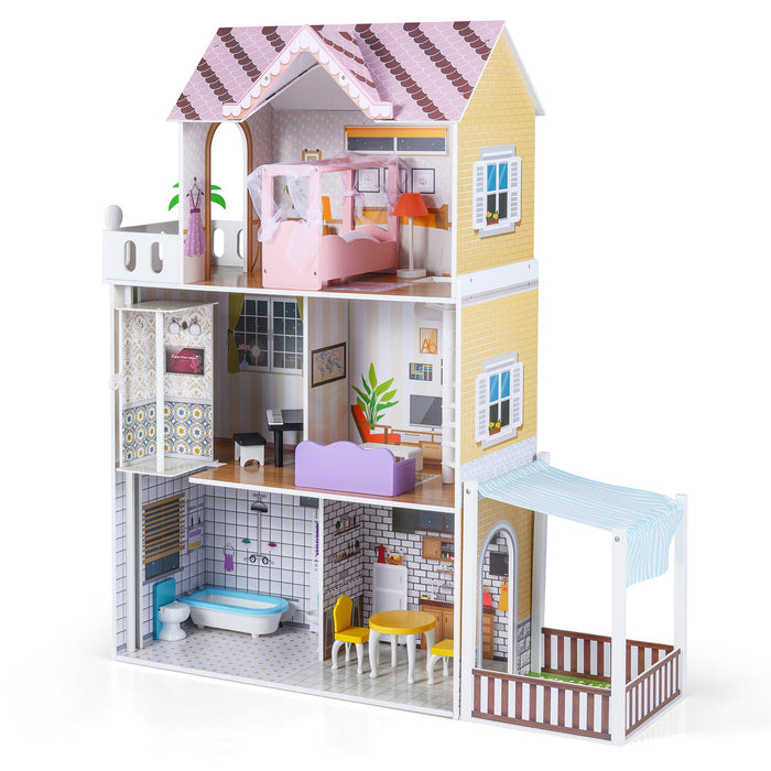 120CM Wooden Dollhouse with 16 Furniture Accessories for Kids Ages 3+-