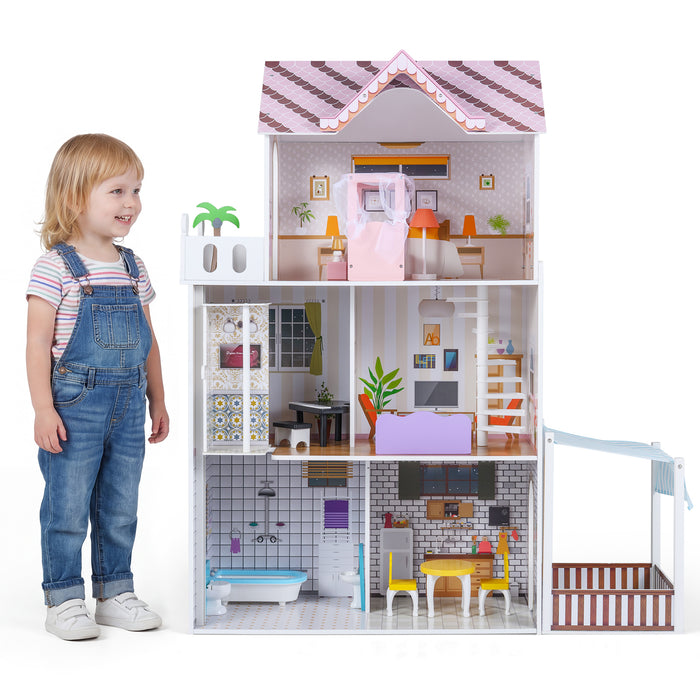 120CM Wooden Dollhouse with 16 Furniture Accessories for Kids Ages 3+-