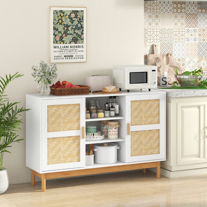 120 CM Buffet Cabinet - Sideboard with 2 Bamboo Woven Doors and 3 Open Shelves in White - Ideal for Dining Room Storage Solution