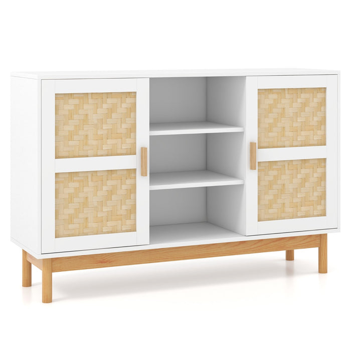 120 CM Buffet Cabinet - Sideboard with 2 Bamboo Woven Doors and 3 Open Shelves in White - Ideal for Dining Room Storage Solution