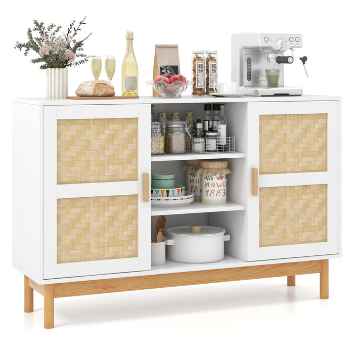 120 CM Buffet Cabinet - Sideboard with 2 Bamboo Woven Doors and 3 Open Shelves in White - Ideal for Dining Room Storage Solution