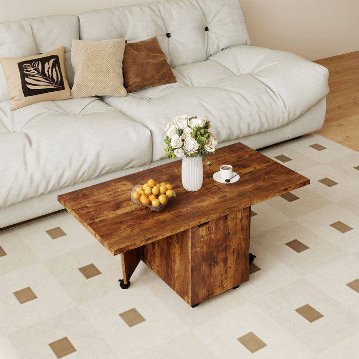 120cm Extendable and Foldable Coffee Table with Storage Cabinet and Wheels-