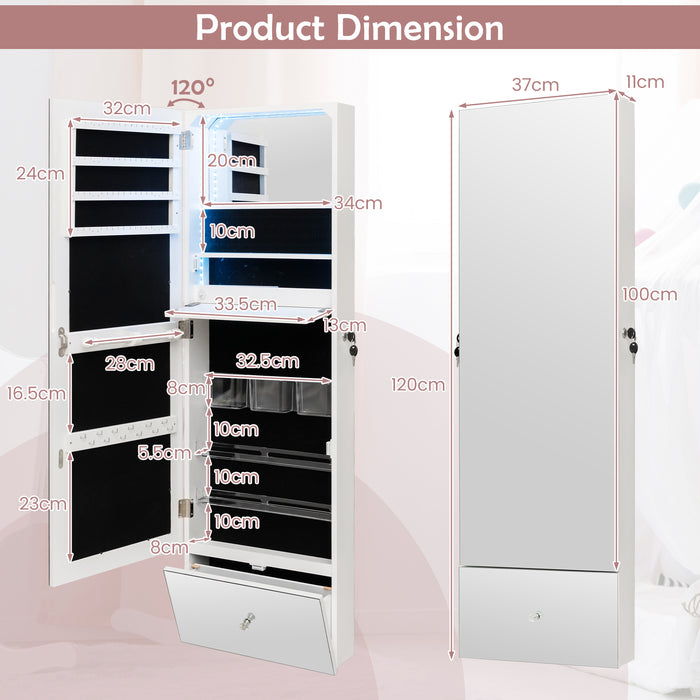 120cm LED Jewelry Mirror Cabinet Wall Mounted Jewelry Armoire Organizer-White