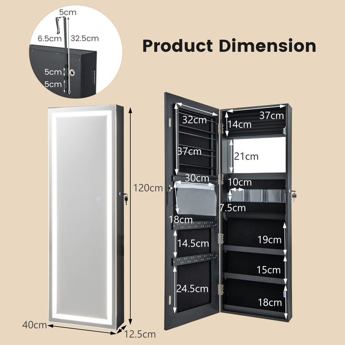 LED Mirror Jewelry Cabinet 120cm - Features 3-Color Lights and Lockable Magnetic Door in White - Ideal for Secure Jewelry Storage and an Enhanced Dressing Experience