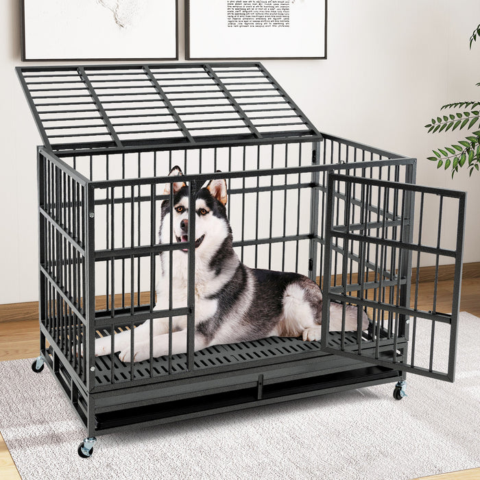 96/120cm Metal Dog Cage Foldable with Double Door and Wheels-