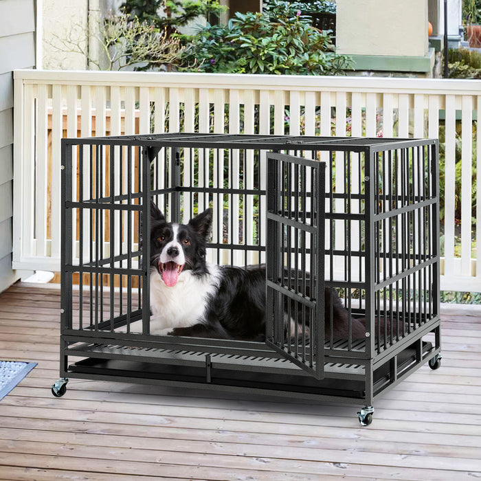 96/120cm Metal Dog Cage Foldable with Double Door and Wheels-