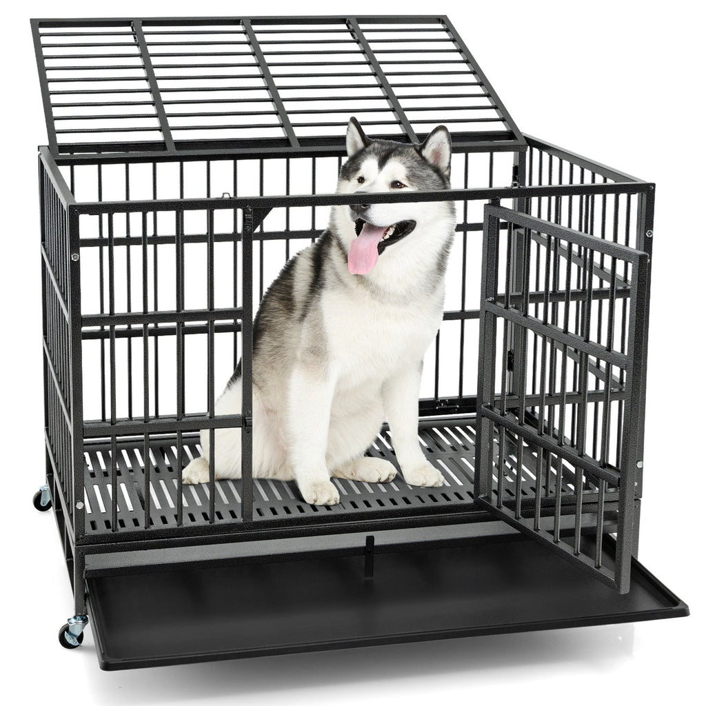 96/120cm Metal Dog Cage Foldable with Double Door and Wheels-