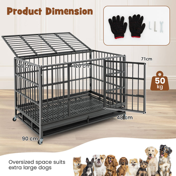 96/120cm Metal Dog Cage Foldable with Double Door and Wheels-