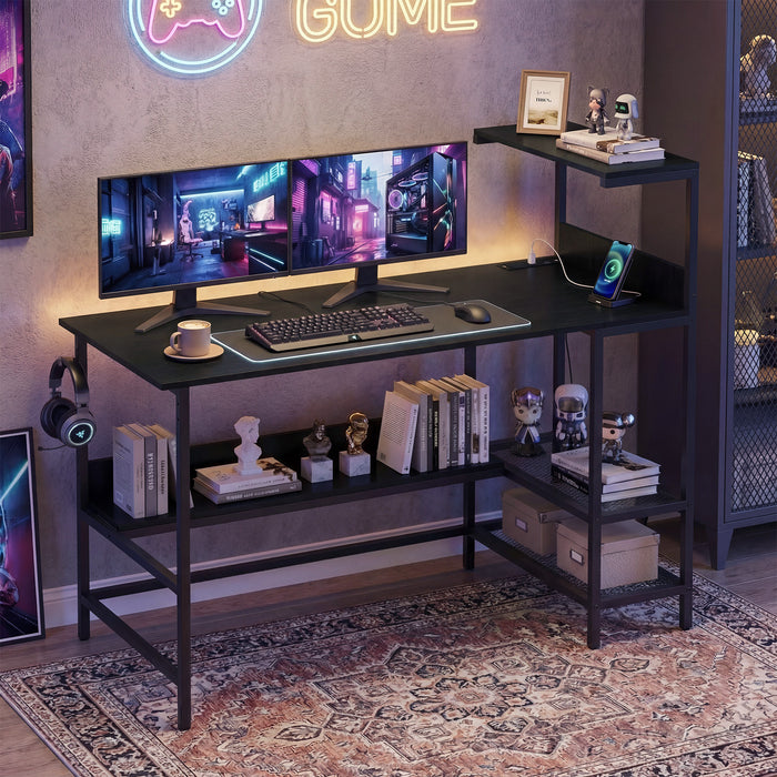 122.5 CM Computer Desk with Power Outlets & Storage Shelves and Headphone Hook for Working-White