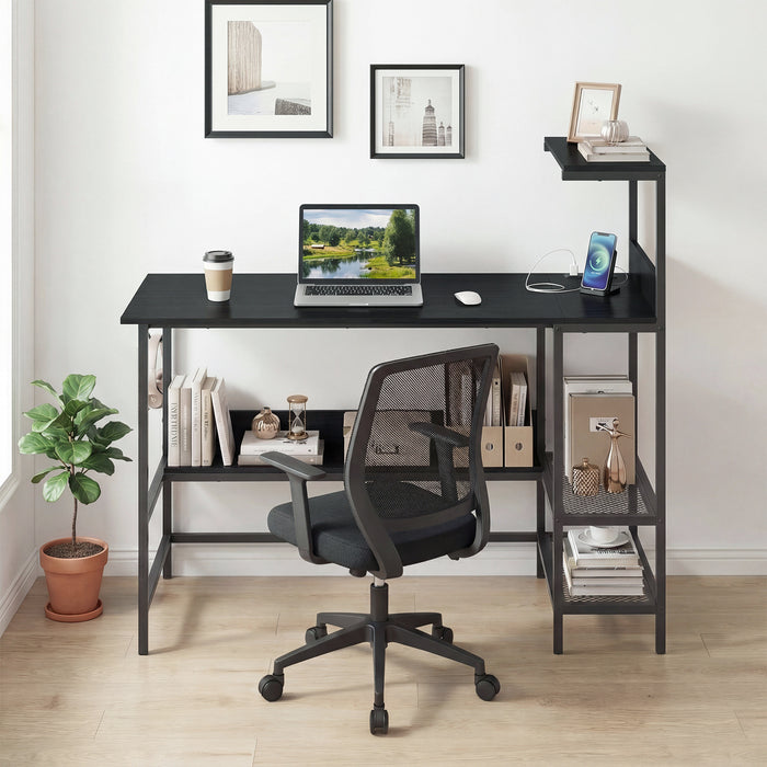 122.5 CM Computer Desk with Power Outlets & Storage Shelves and Headphone Hook for Working-White