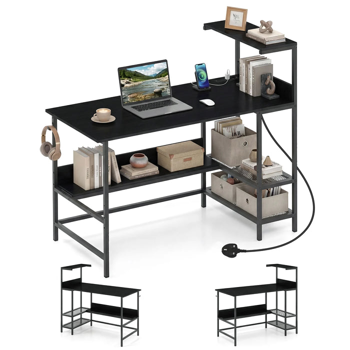122.5 CM Computer Desk with Power Outlets & Storage Shelves and Headphone Hook for Working-White