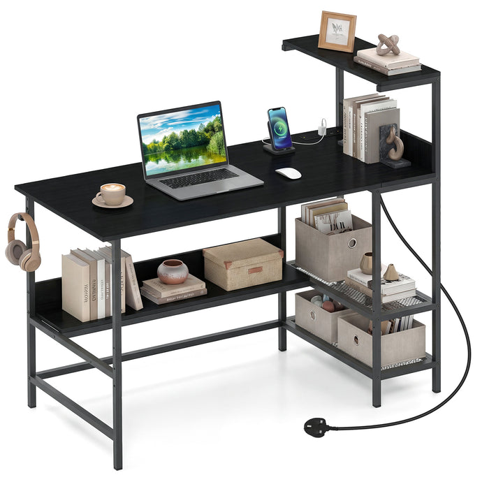 122.5 CM Computer Desk with Power Outlets & Storage Shelves and Headphone Hook for Working-White