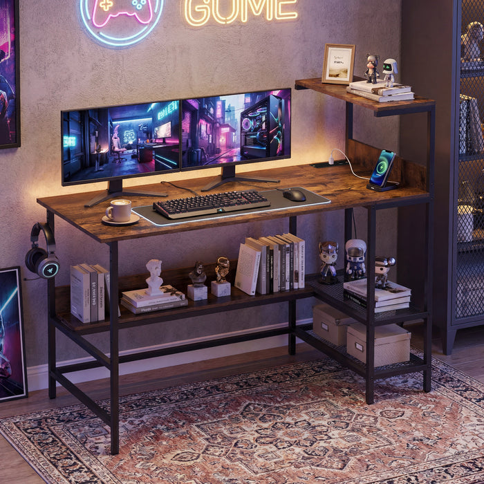 122.5 CM Computer Desk with Power Outlets & Storage Shelves and Headphone Hook for Working-White