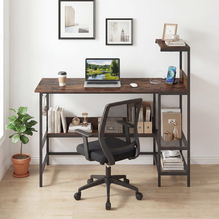 122.5 CM Computer Desk with Power Outlets & Storage Shelves and Headphone Hook for Working-White