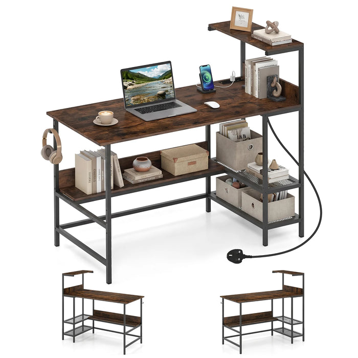 122.5 CM Computer Desk with Power Outlets & Storage Shelves and Headphone Hook for Working-White