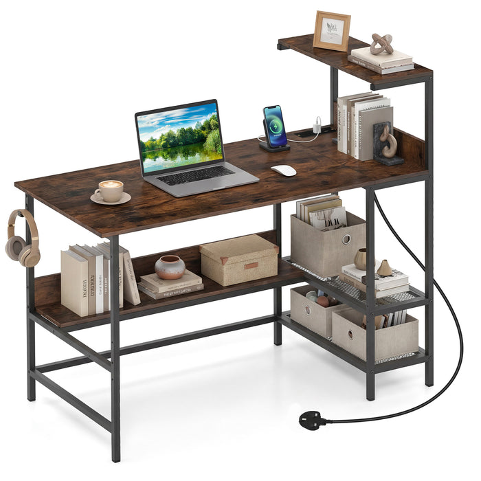 122.5 CM Computer Desk with Power Outlets & Storage Shelves and Headphone Hook for Working-White