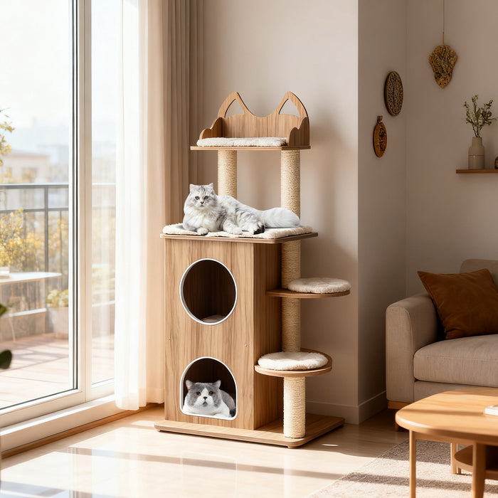 122CM Wooden Cat Tree with 2-floor Condo and Cute Top Perch-