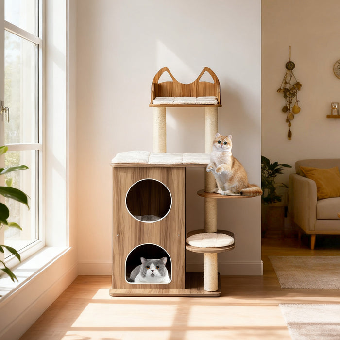 122CM Wooden Cat Tree with 2-floor Condo and Cute Top Perch-