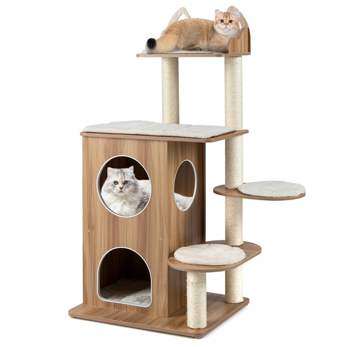 122CM Wooden Cat Tree with 2-floor Condo and Cute Top Perch-
