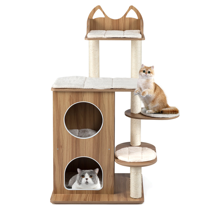 122CM Wooden Cat Tree with 2-floor Condo and Cute Top Perch-