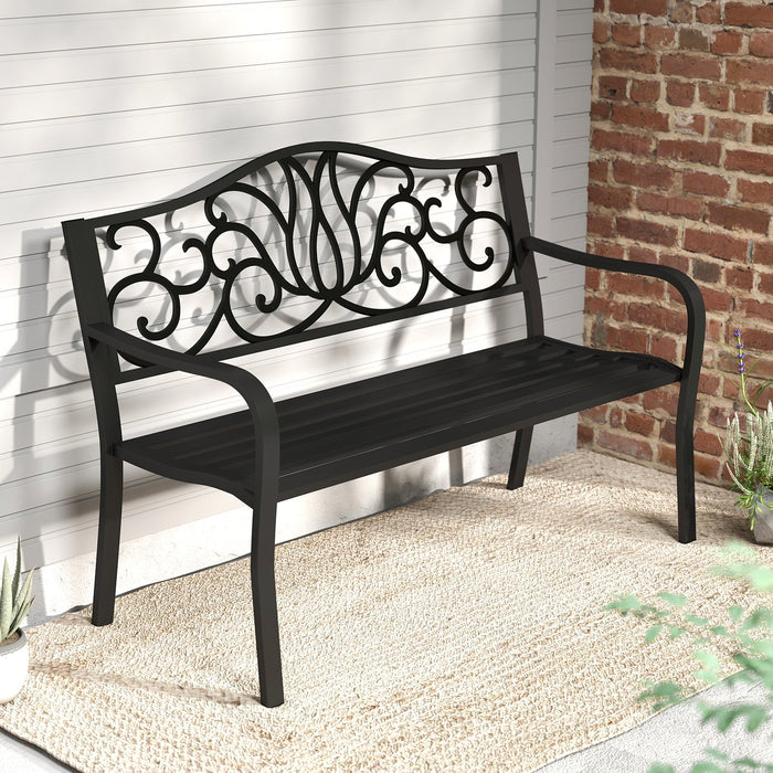 127CM Outdoor Garden Bench with Floral Design Backrest and Slatted Seat-Black