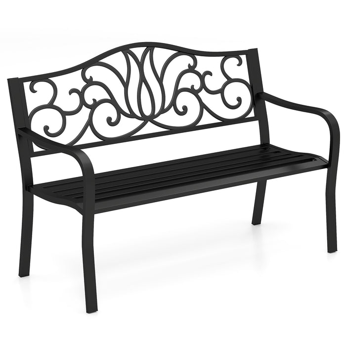 127CM Outdoor Garden Bench with Floral Design Backrest and Slatted Seat-Black