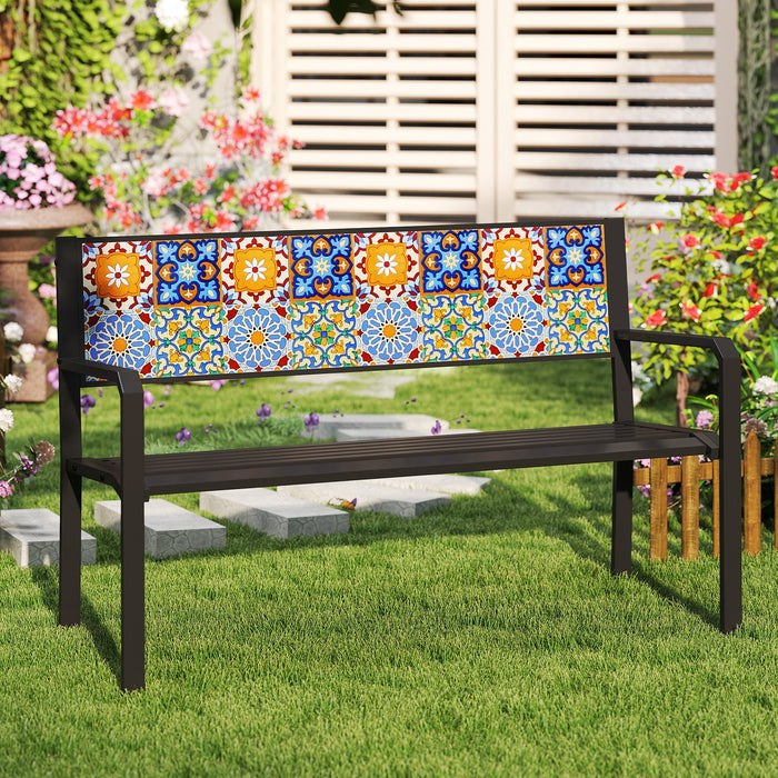 127cm Garden Metal Bench with Curved Seat and Mosaic Backrest for 2-3 People-Black
