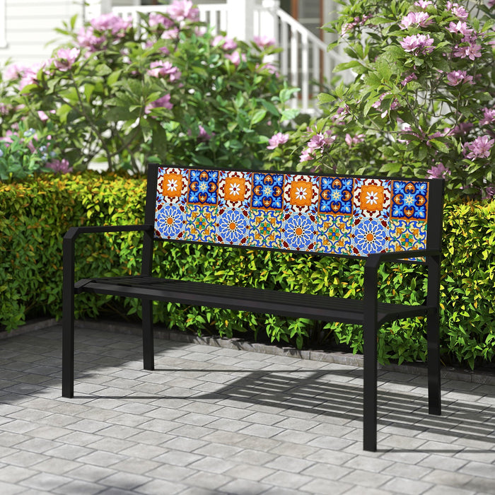 127cm Garden Metal Bench with Curved Seat and Mosaic Backrest for 2-3 People-Black