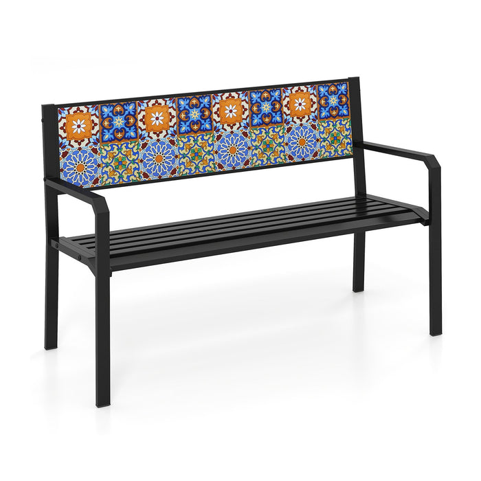 127cm Garden Metal Bench with Curved Seat and Mosaic Backrest for 2-3 People-Black