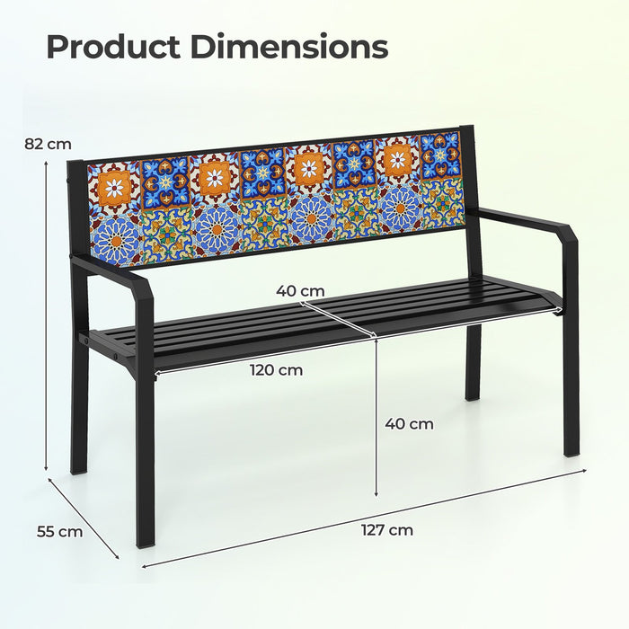 127cm Garden Metal Bench with Curved Seat and Mosaic Backrest for 2-3 People-Black