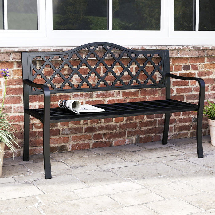 128CM Patio Bench Slatted Metal Garden Bench for 2-3 People-