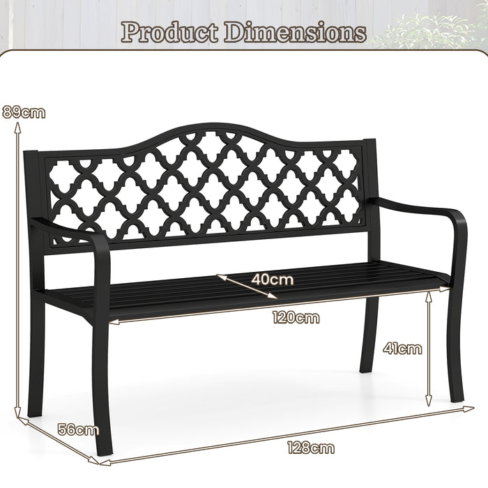 128CM Patio Bench Slatted Metal Garden Bench for 2-3 People-