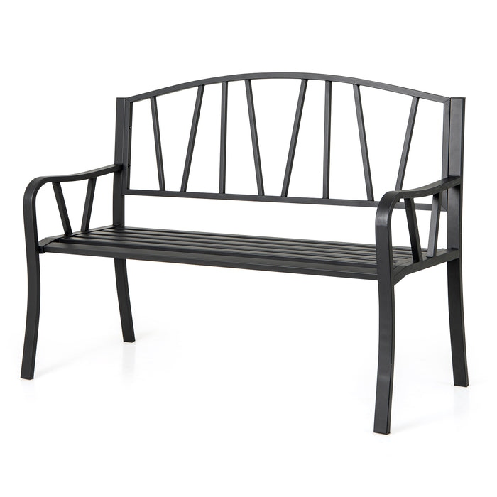 129CM Metal Garden Bench Patio Slatted Bench for 2-3 People-