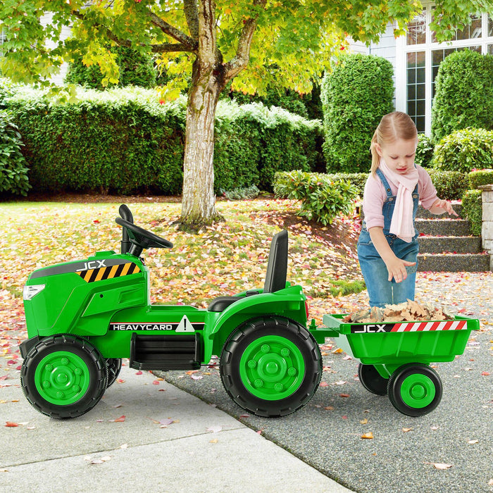12V Kids Ride On Tractor with Trailer with Remote Control and Lights and Horn-Dark Green