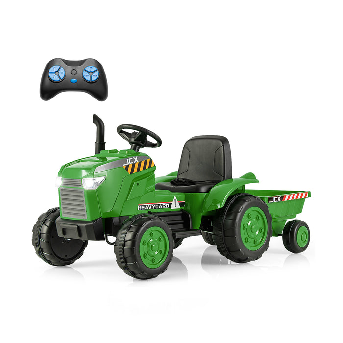 12V Kids Ride On Tractor with Trailer with Remote Control and Lights and Horn-Dark Green