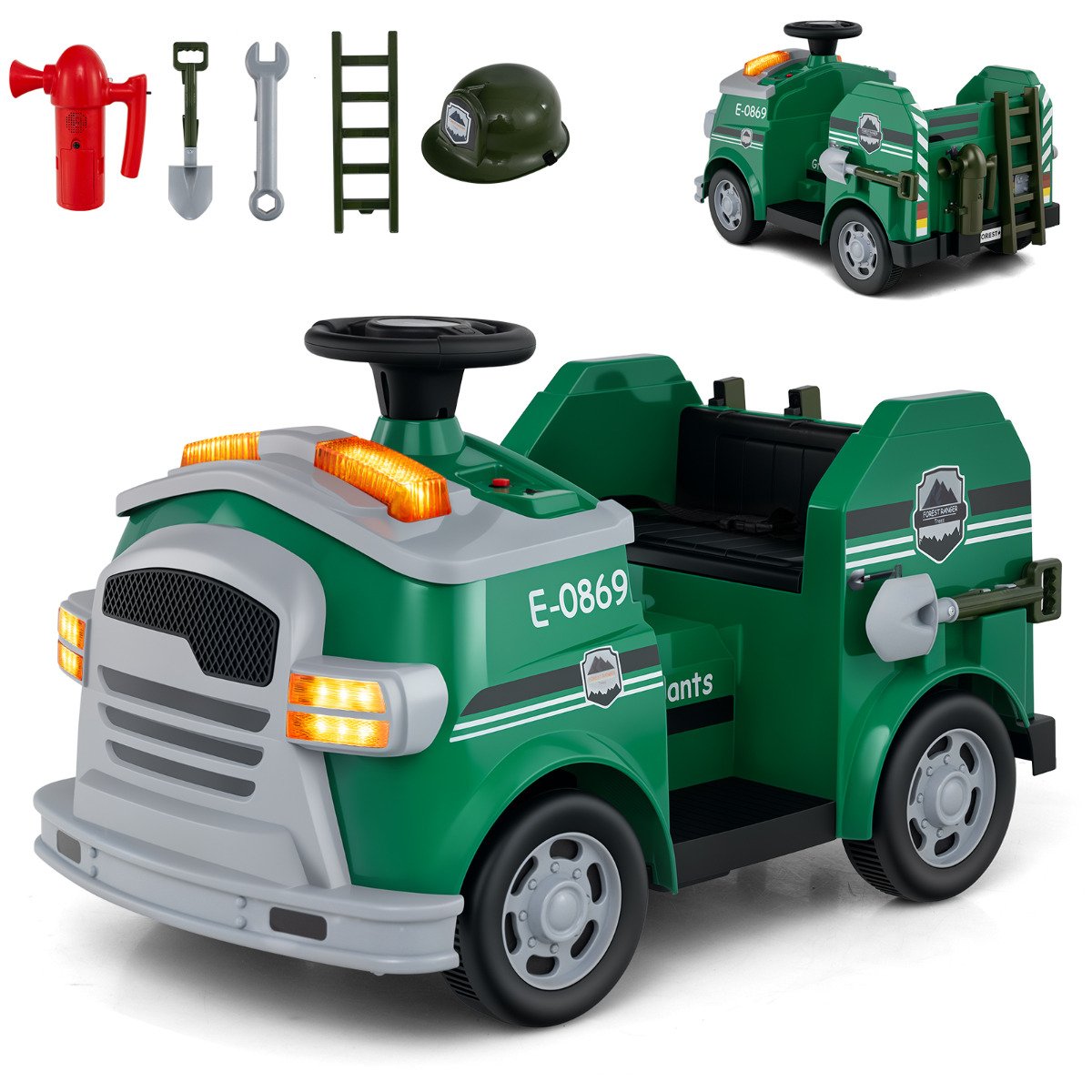 12V Kids Ride on Fire Truck with Shovel and Wrench-