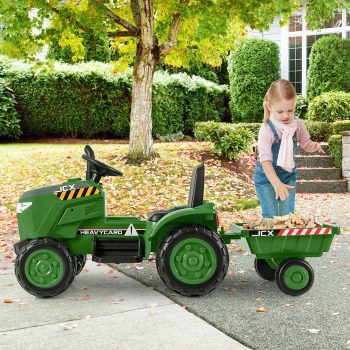 12V Kids Ride On Tractor with Trailer with Remote Control and Lights and Horn-Dark Green