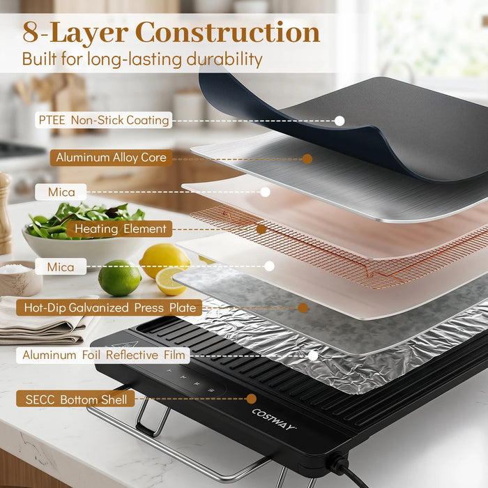 1300W BBQ Electric Teppanyaki Grill with Removable Touch Panel and 2 Nonstick Cooking Zones-
