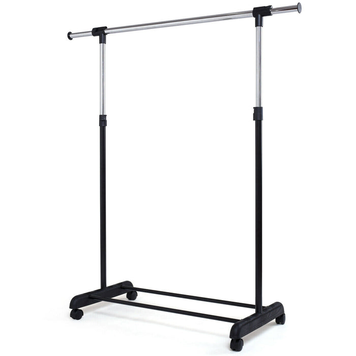 Single Rail Adjustable Garment Rack - With Wheels and Bottom Shelf Features - Perfect Solution for Extra Clothing Storage