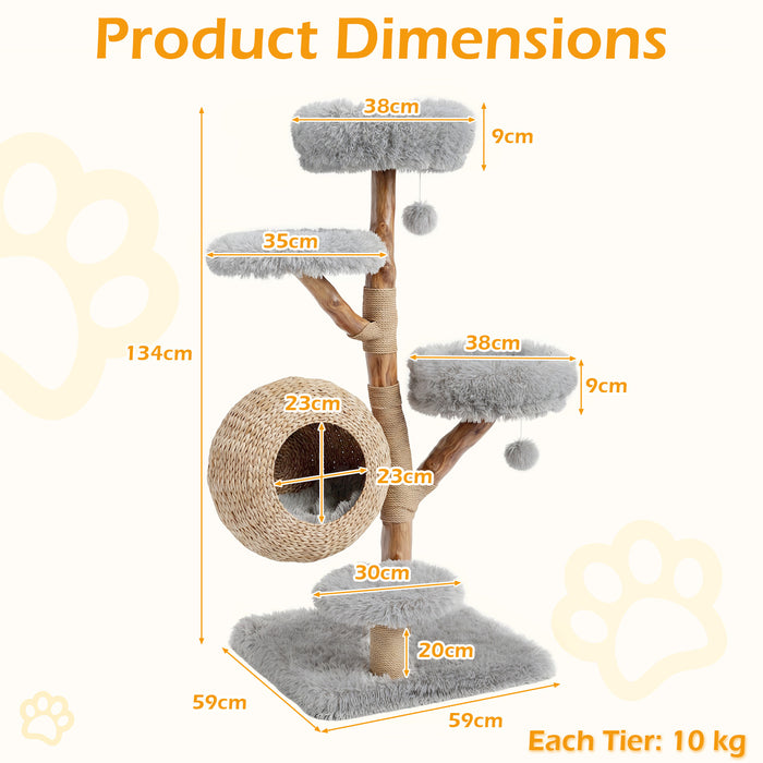 134CM 5-Tier Cat Tree with Woven Cat Condo and Hanging Balls-Grey